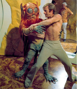soy-ivan-g:  super hunky Nick tate from Space 1999  Here&rsquo;s &lsquo;Alan&rsquo; (actor Nick Tate) shirtless - WOOF!  The creature he&rsquo;s wrestling is, as I recall, actually a temporarily-psychotic Maya (Catherine Schell - the original television