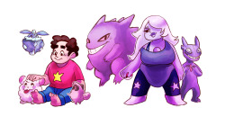 thecreepy:  crystal gems garnet, amethyst &amp; pearl (and steven) would like to battle!! 