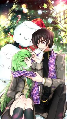 code geass、lelouch lamperouge、c.c.、creayus、scarf、christmas、santa hat、short hair、christmas tree、christmas ornaments、winter clothes、1girl、hat、sitting、sweat、1boy、purple eyes、green hair、christmas outfit、long hair、open