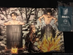 My Shingeki no Kyojin merchandise acquisition for today: the “bathroom merchandise” and poster featuring Levi, Jean, and Eren, originally exclusive to Comiket 87!I am very pleased with this find because well&hellip;just look at these three here,