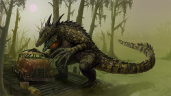 comrade-tony:  My take on a different breed of deathclaw- one based on a crocodile. I imagine these being slower and larger than regular deathclaws; ambush predators that hang out in rivers and lakes concealed underwater like real crocs, jumping out to