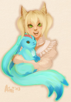 ainiwaffles:  Drawing of a fat Carbuncle and Aini Waffles my character in #FFXIV