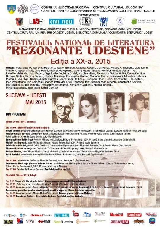 Festivalul-concurs de literatură „Rezonanţe udeştene”, ediţia a XX-a | Suceava şi Udeşti, 29-30 mai 2015