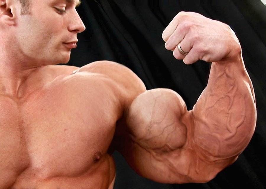 Muscle men flexing big biceps