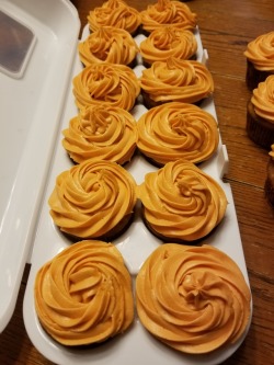 Homemade Apple Cinnamon Cupcakes with Apple Cider Frosting for a Harvest Moon Dessert Party @celticknot65 and I are attending tonight. Only my second time using a piping bag, and I think they look &ldquo;rustic&rdquo; pretty, lol. Hopefully my skills