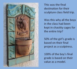 This was the final destination for their sculpture class field trip.Was this why all the boys in the class had been kept in chastity cages for the entire trip?50% of the girl’s grade is based on their final project as a sculptress.100% of the boy’s
