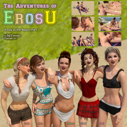 Josie  and Roberta go to the beach and meet ErosU classmates Cassie, Dani and  Giselle. The girls talk, get naked, admire the men, and eventually  Roberta applies sunscreen to Josie and Cassie. Get a piece of this 193 page comic today!  Day At The Beach