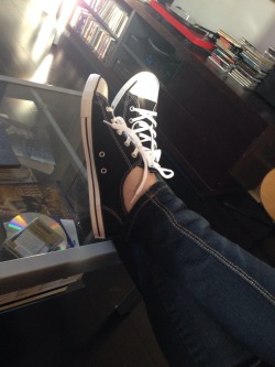 sammifeet:  The second of two sets wearing my brand new black Chuck Taylors … at least for a little while. James said he loved the smell of new rubber on my feet. My toes are unpainted at the moment but I’ll get a pedicure real soon.