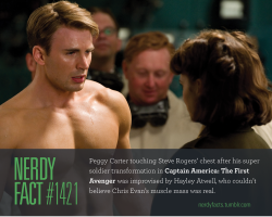 nerdyfacts:  Nerdy Fact #1421: Peggy Carter touching Steve Rogers’ chest after his super soldier transformation in Captain America: The First Avenger was improvised by Hayley Atwell, who couldn’t believe Chris Evan’s muscle mass was real.(Source.)