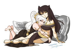 part 1 of an art collab done with @chiicharron !!    (●´□`)♡   blake and weiss from my Guardian!AU this was very fun to do aaaaaaaaaaa &lt;333
