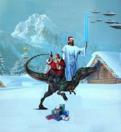 gdfalksen:  Jedi Jesus, Santa, and a velociraptor go for a stroll to fight aliens… This is the single greatest Holiday card ever made.Hope you are having a great holiday! 