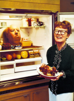 Alma Reville and her husband (Alfred Hitchcock). The head in the Revco Gourmet fridge is the one used on the dummy in the trailer of Frenzy, 1972.