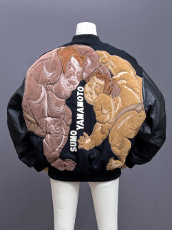 japanesefashionarchive:   Kansai Yamamoto (山本寛斎) embroidered “SUMO YAMAMOTO” stadium jacket. This is a Kansai Man piece, believed to be early 1990s. Two huge sumo wrestlers face off in the embroidery design on the back. The Kansai name is