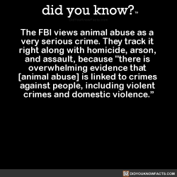 did-you-kno:The FBI views animal abuse as a  very serious crime. They track it  right along with homicide, arson,  and assault, because “there is  overwhelming evidence that  [animal abuse] is linked to crimes  against people, including violent  crimes