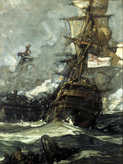 shear-in-spuh-rey-shuhn: FRANK BRANGWYNThe Brunswick Caught Anchors With Her EnemyOil on Canvas22&quot; x 29&quot;