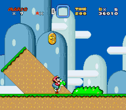 suppermariobroth:In Super Mario World, Banzai Bills will not harm Mario as long as he is riding Yoshi and his head is below the vertical center of the Banzai Bill. (Footage recorded by me from a SNES emulator.)