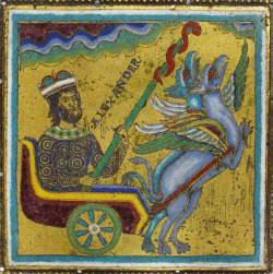 magictransistor: The Rolls Plaques. Alexander in Chariot, Man Riding Camel, Samson Fighting Lion. Meuse Valley. 1160. The Rolls, or Llangattock Plaques are a brilliant example of the art of enamelling as practised in the 12th century in the area around