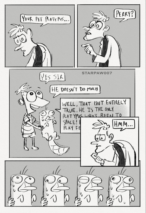 tedcoded:fred-erick-frankenstein:  starpaw0007:starpaw0007:I believe in Doofenshmirtz bonding with pet Perry supremacy Bonding time [ID 1-2: a nine panel, black and white comic, showing Dr. Heinz Doofenshmirtz, Perry the Platypus and Phineas Flynn from