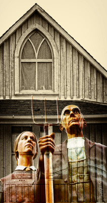 &ldquo;Cornflake Gothic&rdquo; Image of statue at 2014 Iowa State Fair composited with an image I had of the American Gothic House in Eldon IA-jerrysEYES