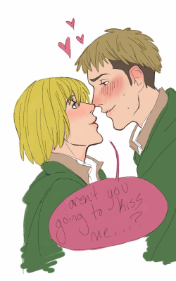 Slightly older Armin and Jean, where Armin stays pretty much the same height as he reached when he was 15, but still has a slightly soft face and big eyes and will use them to psychologically disarm and defeat any fucking troublemakers in the ranks. And