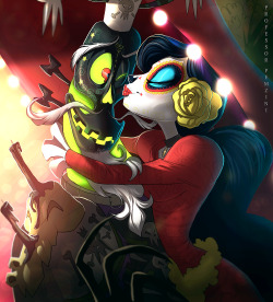 professorpemzini:  *casually stays up till 4 am drawing these two*La Muerte givin’ Balbi some sugar. &lt;3 I gave her some glowy light things on her hat because I like glowy things.  La Muerte and Xibalba © Jorge Gutierrez (The Book of Life)  It&rsquo;s
