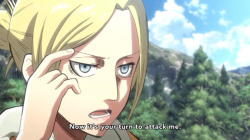 dontkare-n:  this is my favorite scene from shingeki no kyojin because annie is challenging reiner and he gets all nervous and eren’s on the ground like 