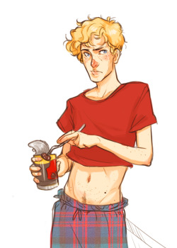 batcii:   almost as if summoned, the blond emerges from the kitchen, wearing the maroon crop-top he blatantly stole from Courfeyrac and a pair of Combeferre’s pajama pants that are far too long for his legs, somehow managing to scowl and look bored