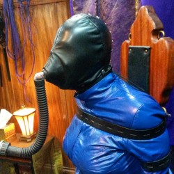 Closeup of the #breathplay #leather #bondage scene using a great #MrS hood with a #gasmask insert. #femdom #vacation