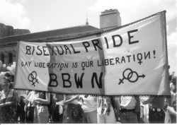 robynochs:Today is the first day of Bisexual Awareness Week. Focus: bi history (bistory). Here’s the Boston Bisexual Women’s Network in Boston Pride, early 1990s.