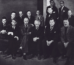 Artists in Exile show at the Pierre Matisse Gallery, New York, March 1942. Left to right, first row: Matta, Ossip Zadkine, Yves Tanguy, Max Ernst, Marc Chagall, Fernand Léger; second row: André Breton, Piet Mondrian, André Masson, Amedée Ozenfant,