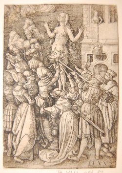 centuriespast:  The revenge of the sorcerer Virgil; the Roman courtesan standing naked in the Forum, surrounded by a group of men and women who are rekindling their torches; in left background Virgil suspended in the basket; impression from Funck series.