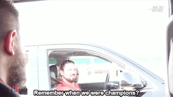 mith-gifs-wrestling:  “Let’s fuck shit up tonight!”  Kevin encounters fellow former champs AJ Styles, Charlotte Flair, and Becky Lynch on their way to WrestleMania. (I love how you can hear AJ and Charlotte both sing out “One day!” in unison).