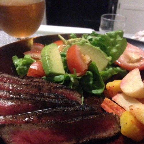 Chocolate chili rubbed steak with chocolate stout pan sauce, roasted root vegetable with lime juice and tapatio, simple salad and good company