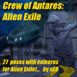 This pack of poses is for the Alien Exile in each of the Antares compartments. Ideally suited for the people that already have all the compartments. They are generally specific poses that interact with the Antares objects in-scene. Ready for Daz Studio