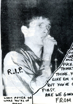 zombiesenelghetto:  Joy Division: Ian Curtis, from Panache fanzine, issue #13 1980  &ldquo;look after Sid while you’re up there&rdquo;  