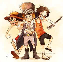 thenamesmadlibbs:  Sabo Ace and Luffy! One of my favorite parts from One Piece :D  On DA 