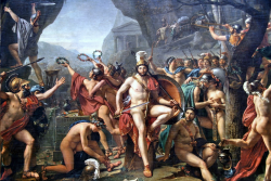 redscharlach:  Leonidas at Thermopylae (1814) by Jacques-Louis David This is not just a Mighty Moment In Slash History, this is SPARTA! Yes, Leonidas, the chap with the flouncy helmet in the middle of the picture, was the warrior-king of Sparta played