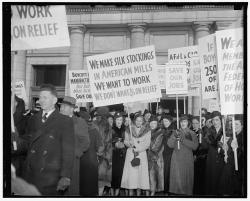 catskewl:“We Make Silk Stockings in American Mills We Want To Work We Don’t Want to go on Relief” 1938, anti-silk boycott protest.