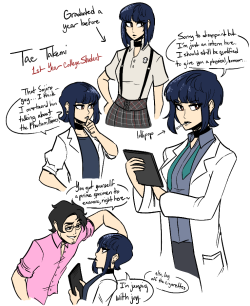 scruffyturtles: Continuing the Adult Confidant AU with Takemi~ She already graduated Shujin Academy a year back, and is now in college along with interning at a local hospital. She can’t do too much since she’s still learning the ropes, and she feels