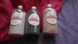 lavenderkidd:officialluvmilk:  sugarmalk:  Thebeautifulnosferatu bought me some luvmilk bath products and I’m excited to use them, but I want to save some to share with him #^_^#  Ahhh how the glitters tempt me! Hehe :3  Oh so that was for you~!  You