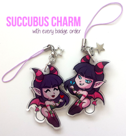 tsepish:  Blizzcon Badge season is almost here! I’ll be opening a small amount of orders for the public on April 23rd. :&gt; I had these cute succubus charms made as a little gift for every order. &lt;3