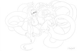 The line art for a commission I&rsquo;ve been working on.The girl is Kirika Misono from Eiken, and the fiend is Shuma-Gorath from Marvel.Hope you like it!