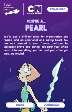 I got Pearl for that Crystal Gem quiz, surprising no one, haha. I included the gif you can download &lsquo;cause I thought it was really cute.  You can take the quiz here: https://www.whichcrystalgemareyou.com