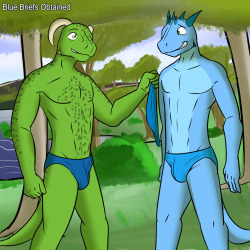 Request for Jazzy, his argonian and Derkeethus out in the woods wearing only some bikini briefs as they’re armor is handing up to dry.