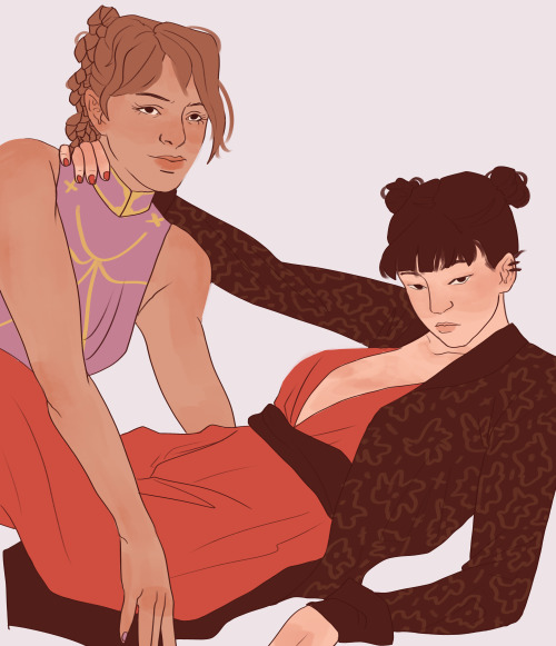 raspberry-flower:dromies:  by the way, them,   [ID: digital art of mai and ty lee in modern clothing, mai in shades of red and ty lee in pink. mai is lying on the floor, holding herself up with one arm. the other hand is around ty lee’s neck. ty lee’s