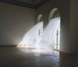 raboartcollection:  The title of the work is identical to a series of photographs by Huseyin shot in Odessa, showing curtains blowing in the wind. These images inspired an installation of hardened lace curtains, frozen in time and space. The work refers