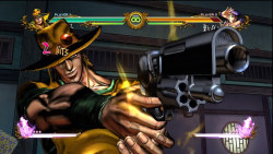 rustyxiv:  Diamond is Not Crash characters being shot in the face by Hol Horse.  What&rsquo;s up with Okuyasu&rsquo;s face?