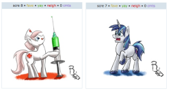 prince-shining-armor:  ask-crescent-sparkle:  Shining, I know you were always afraid of doctors, but Twilight’s had Nurse Redheart as her GP for two years now. I think you can trust her…  “Dad, she’s LICKING HER LIPS WHILE STARING AT A GIANT NEEDLE!”