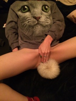 leatherlacedbass:  Me! Haha creepy cat sweatshirt and bunny tail butt plug! Hehe 😻❤️🐰 
