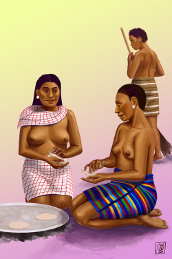 dapart:  Purépecha women making tortillas and gossiping in the Guatápperio - a special place designated for the women of the Iréchequaro or Royal Palace. It was said that the Irecha’s or ruler’s palace was mostly made up of women to protect his